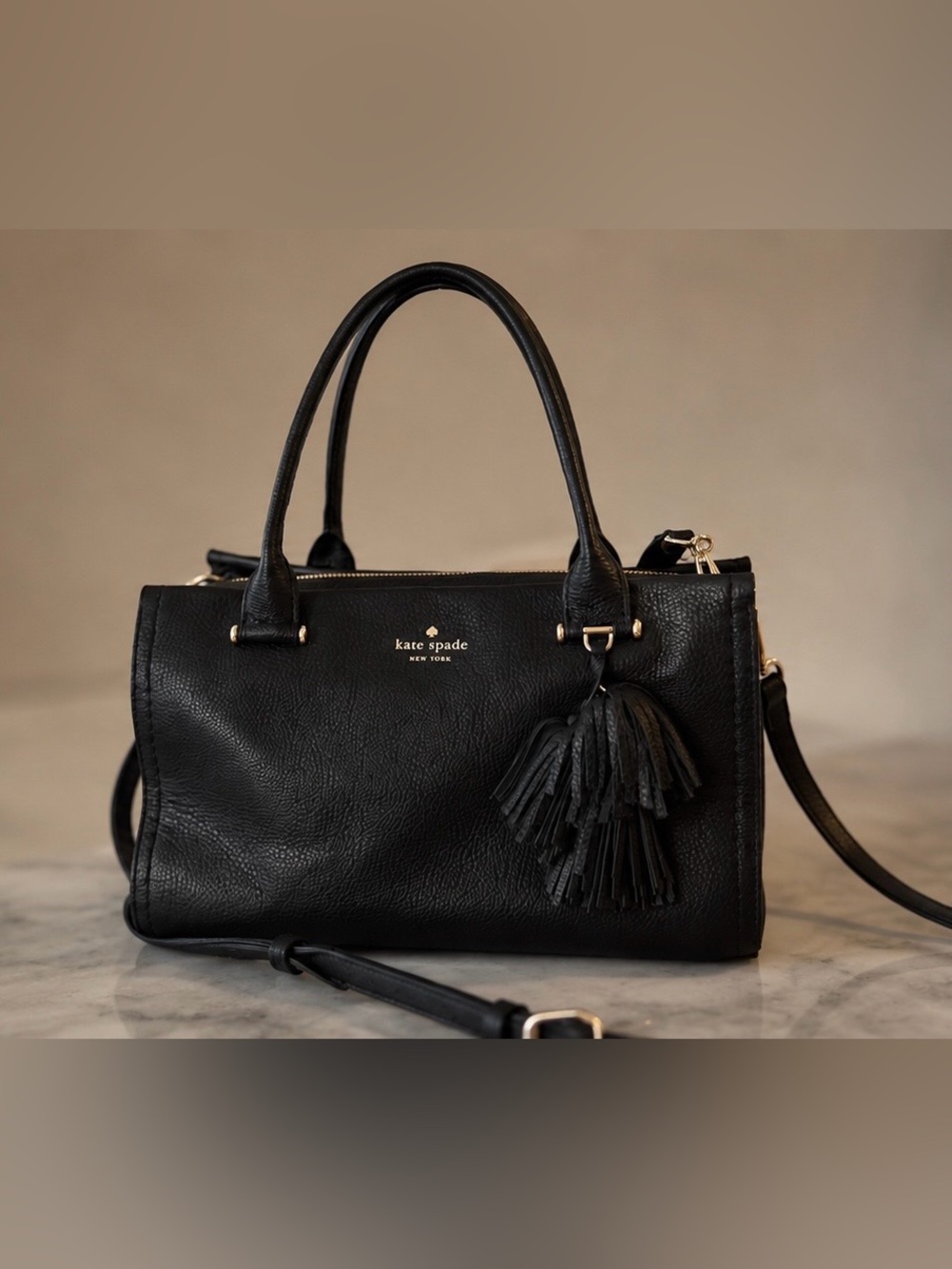 Kate Spade Black Pebbled Leather Top-Handle Satchel with Tassel